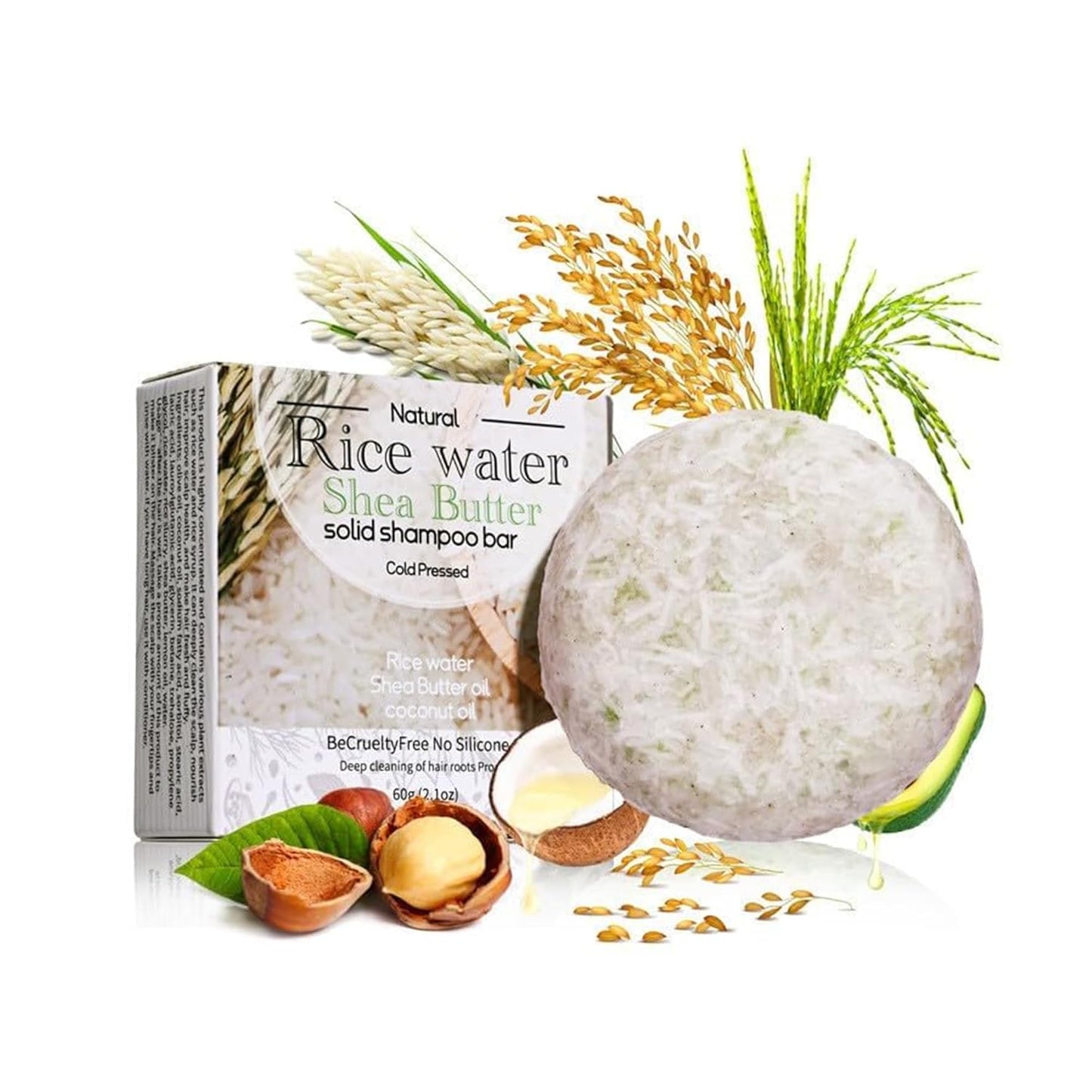 Rice Water Shampoo Bar - Natural Solid Soap for Deep Cleansing, Hydrating & Moisturizing All Hair Types with Shea Butter and Coconut Oil, 2.1Oz